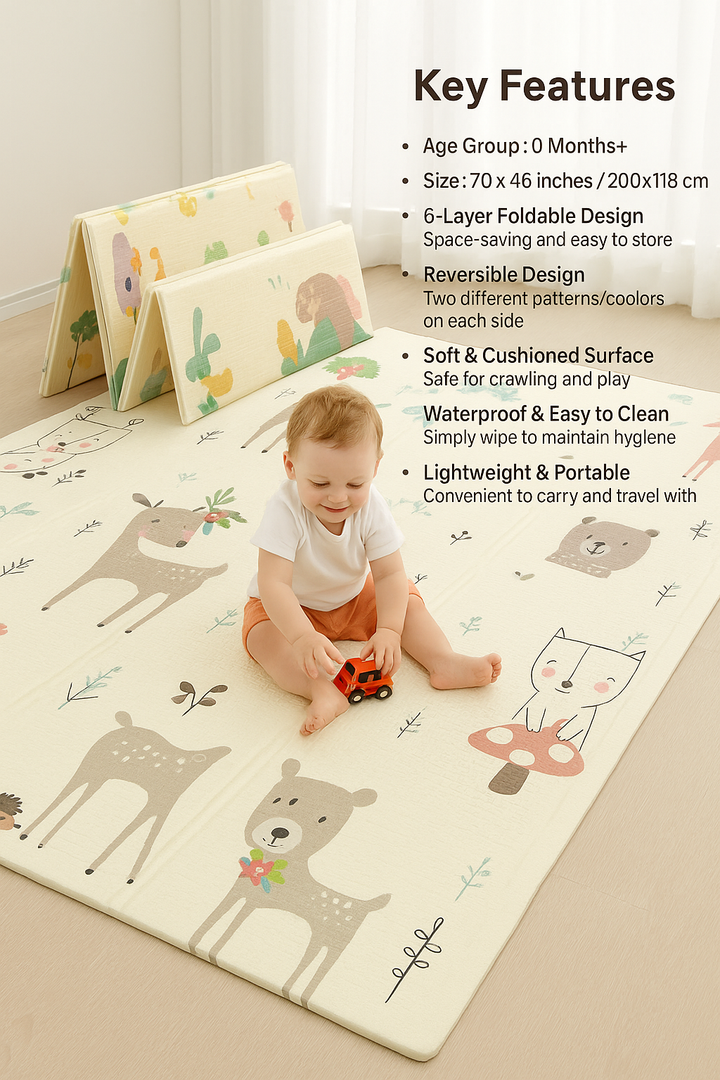 Soft and waterproof 6-layer baby play mat for 0 months+, foldable and reversible with colorful patterns, ideal for tummy time and crawling – buy online in Pakistan at BabifyStore.pk