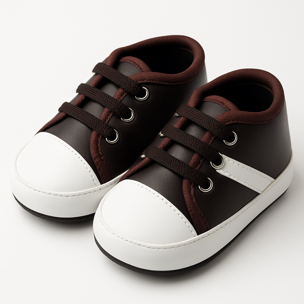 Brown & White Baby Sneakers – Soft Sole Faux Leather Shoes 0–12 Months in Pakistan