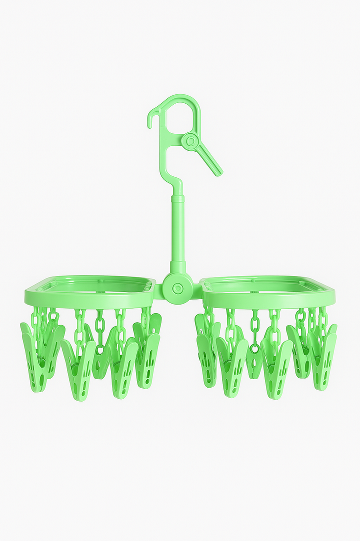 Foldable clothes hanger with 28 clips for drying baby clothes and laundry