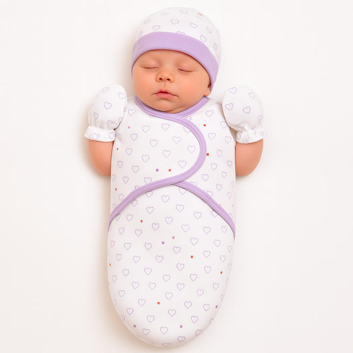 Baby swaddle with cap and mittens interlock cotton newborn wrap hearts cars design