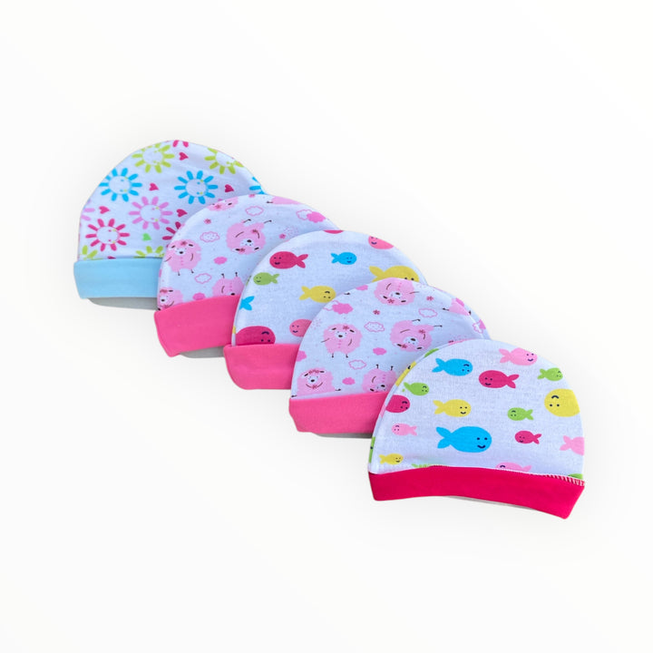 Pack of 5 Baby Girl Cotton Caps (0-6 Months) – Soft, Breathable & Comfortable