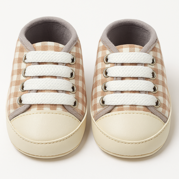Baby Soft Sole Sneakers Beige & White – Cotton Prewalker Shoes 0–12 Months in Pakistan