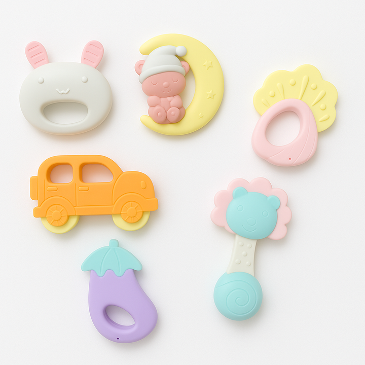 Pack of 5 baby silicone rattle teethers with chan chan sound – colorful baby toy set