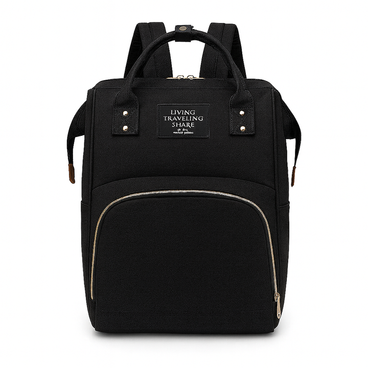Black premium baby diaper backpack with gold zipper and spacious storage