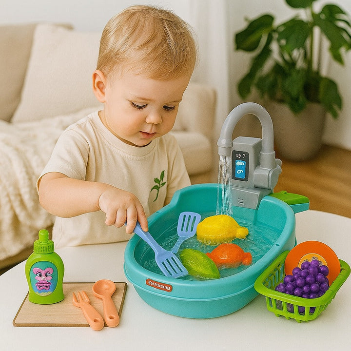 Kids kitchen dishwashing sink toy with circulating water and utensils