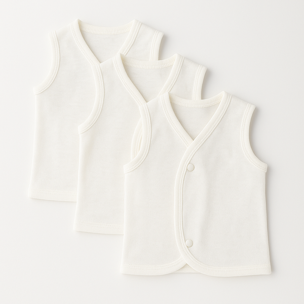 Pack of 3 white baby sandos inner vests for 0-12 months – soft interlock fabric, unisex design, available at BabifyStore.pk
