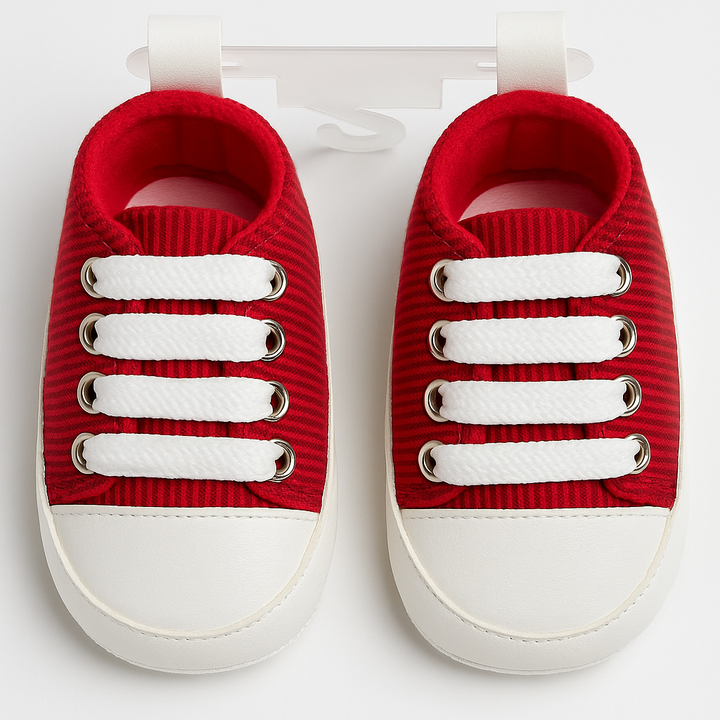 Baby Soft Sole Sneakers Red & White – Cotton Infant Shoes with Flexible Sole 0–12 Months in Pakistan
