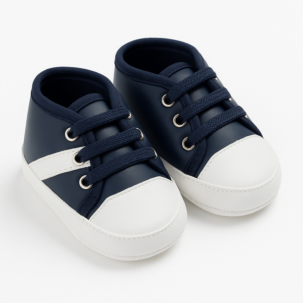 Navy Blue & White Baby Sneakers – Soft Sole Faux Leather Shoes for Infants & Toddlers in Pakistan