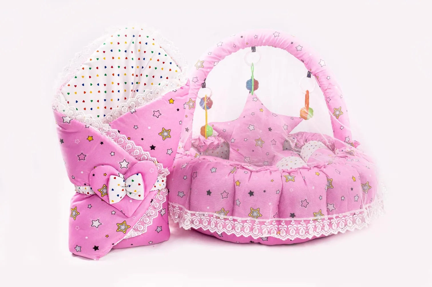 Pink Star Baby Snuggle Nest Bed Set with Mosquito Net and Carry Wrap in Pakistan