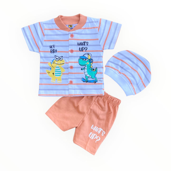 Soft cotton baby t-shirt, pajama, and cap set, offering comfort and warmth for newborns.