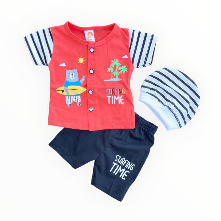 Soft cotton baby t-shirt, pajama, and cap set for newborn comfort and warmth.