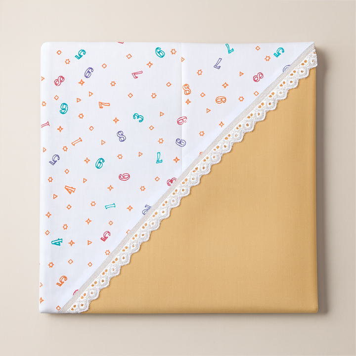 Baby hooded wrapping sheet with lace detailing, soft cotton fabric for comfort.
