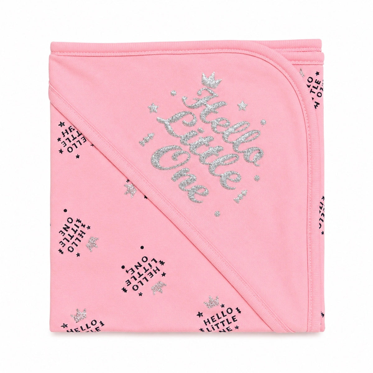 Pink baby wrapping sheet with Hello Little One silver glitter design