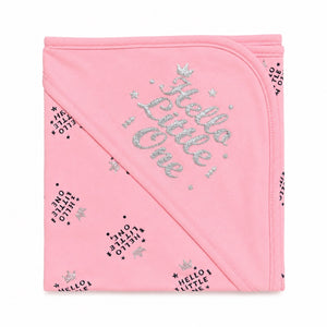 Pink baby wrapping sheet with Hello Little One silver glitter design
