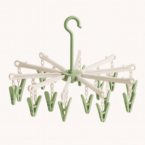 Green baby foldable clothes dryer hanger with 20 clips and rotating hook