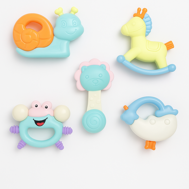 Baby teether rattle pack of 5 with chan chan sound – colorful animal baby rattles on white background
