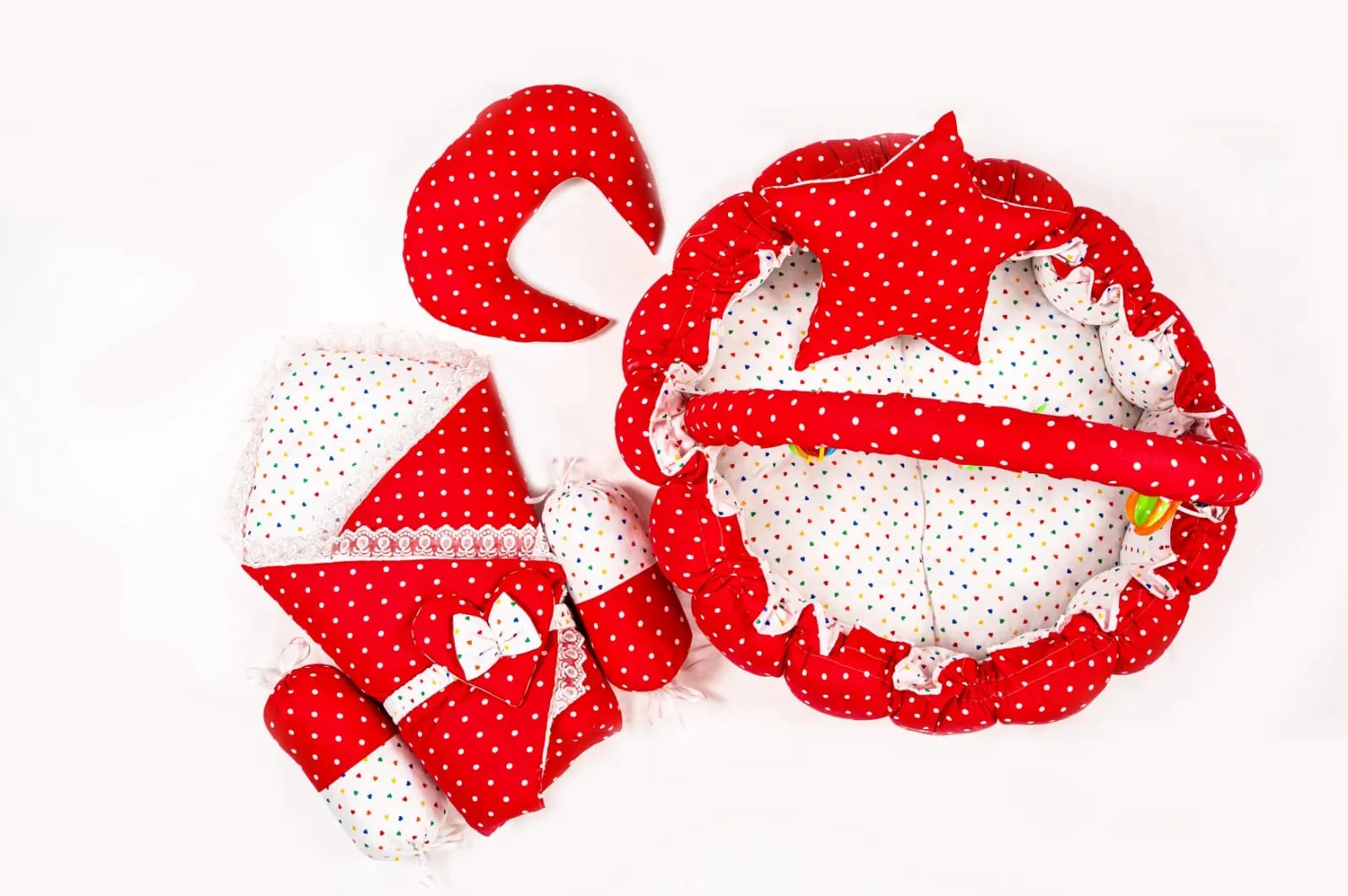 Red Polka Dot Baby Snuggle Nest Bed Set Open View with Pillows in Pakistan