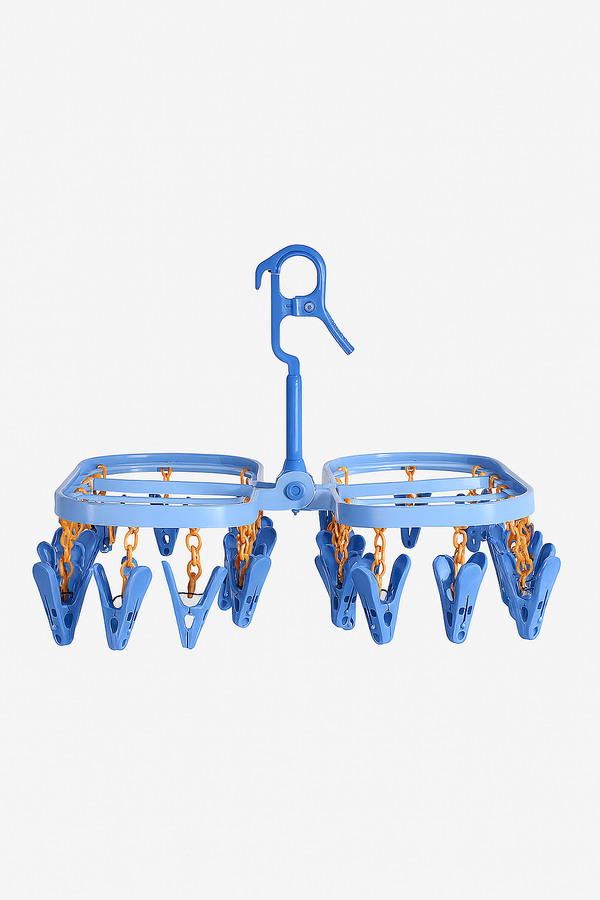 Foldable clothes hanger with 28 clips for drying baby clothes and laundry