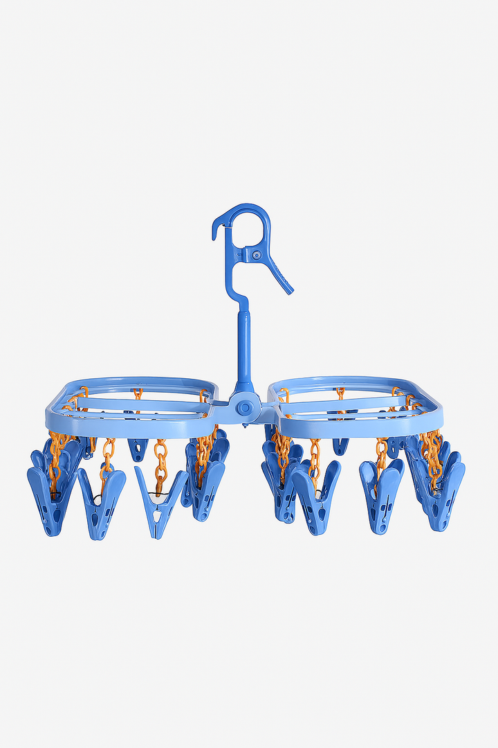 Foldable clothes hanger with 28 clips for drying baby clothes and laundry