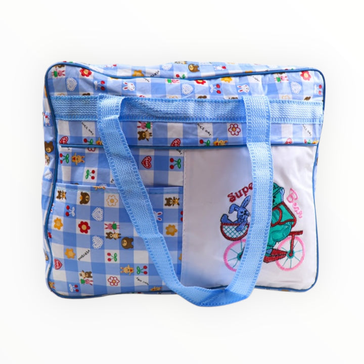 Spacious mother bag with large compartments to store baby essentials, measuring 16x12 inches. Ideal for travel and everyday use.