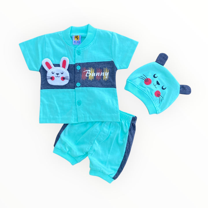 Soft cotton baby t-shirt, pajama, and cap set, perfect for comfort and warmth for newborns.
