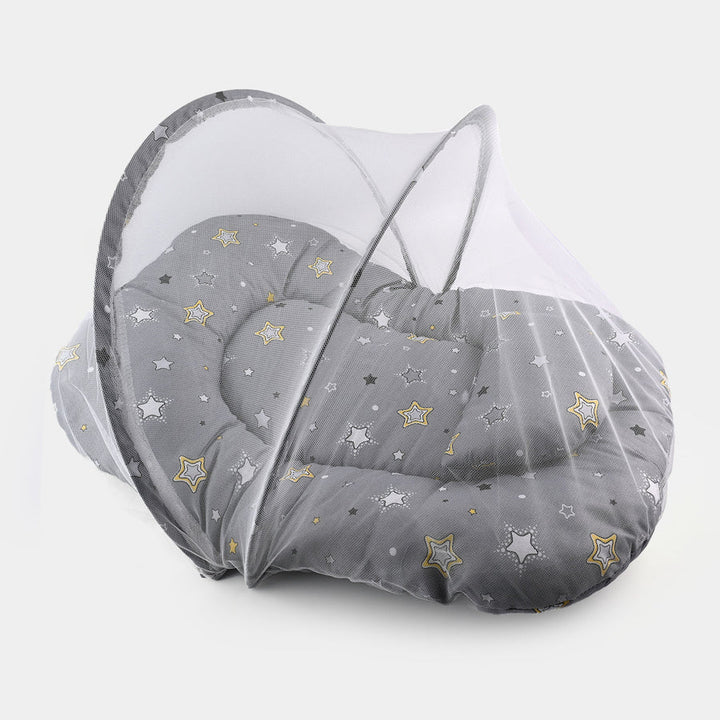 Baby Carry Nest with Pillow & Full Mosquito Net Grey – Soft Open Style Newborn Sleeping Nest in Pakistan