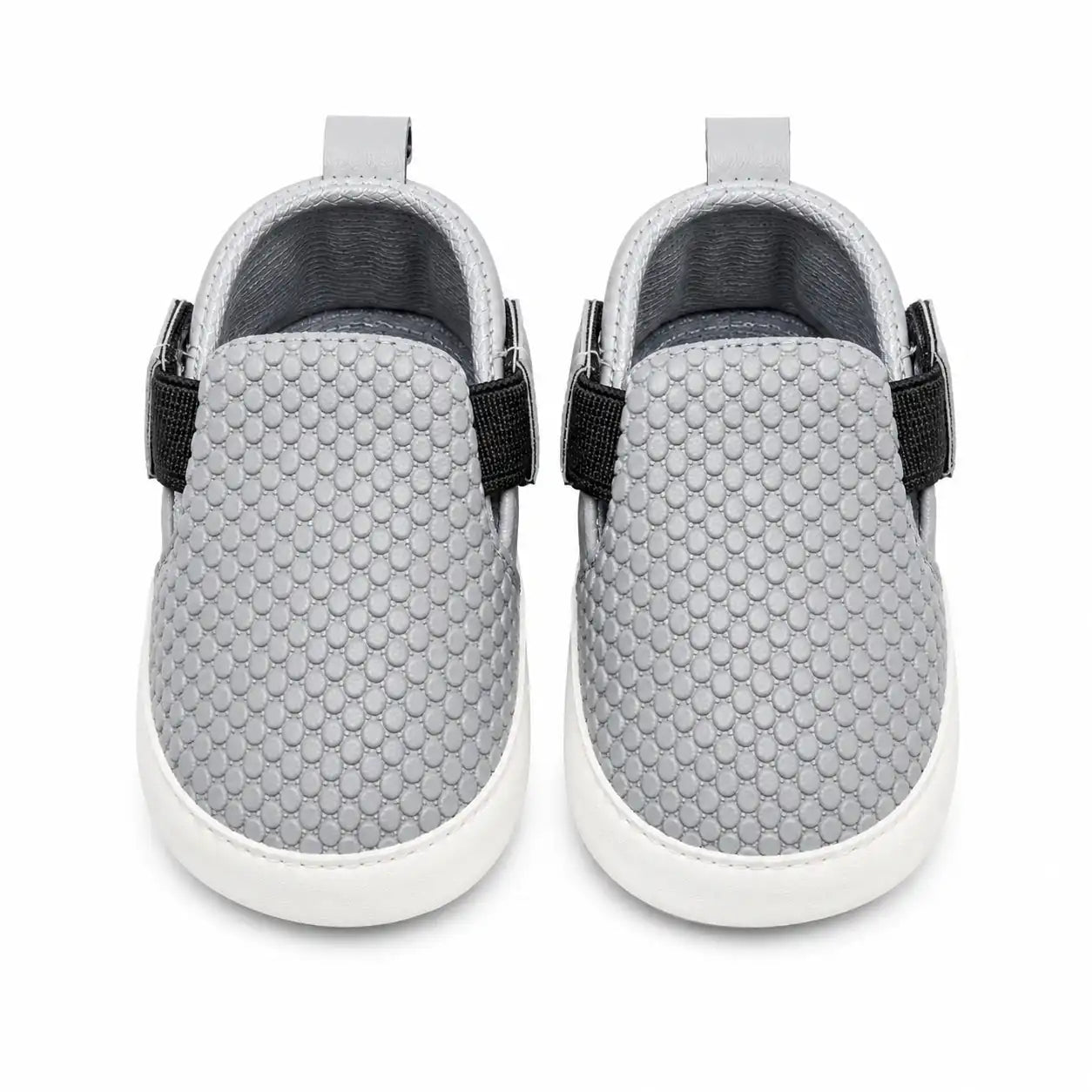 Light grey baby textured slip-on first walker shoes with soft flexible sole – front view