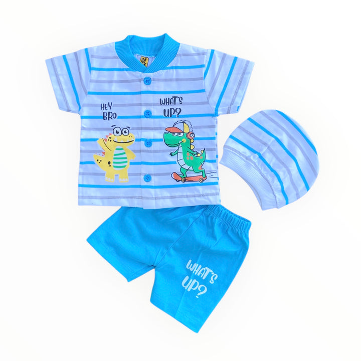 Soft cotton baby t-shirt, pajama, and cap set, offering comfort and warmth for newborns.