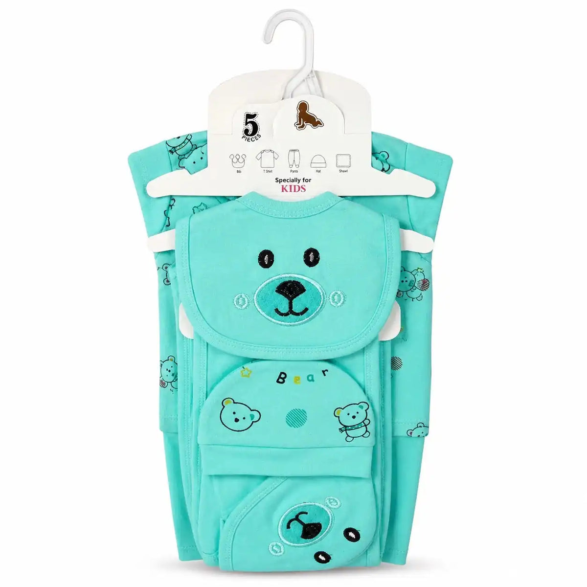 5 Pcs Bear Design newborn baby starter set in aqua green with bear embroidery
