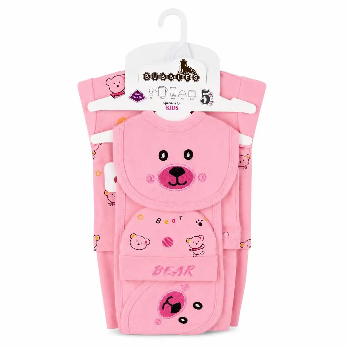 5 Pcs Bear Design newborn baby starter set in baby pink soft interlock for 0–3 months