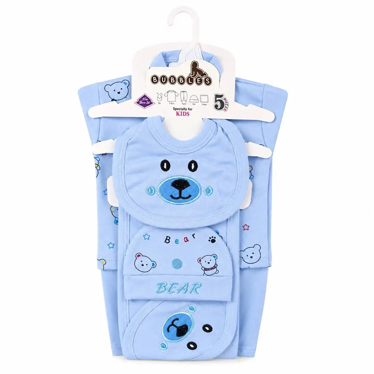 Aqua blue 5 Pcs Bear Design newborn baby starter set with embroidered bear face and matching print