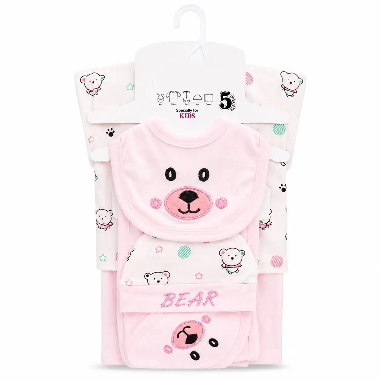 Baby pink 5 Pcs Bear Design baby starter set with matching bear print wrapping sheet for 0–3 months