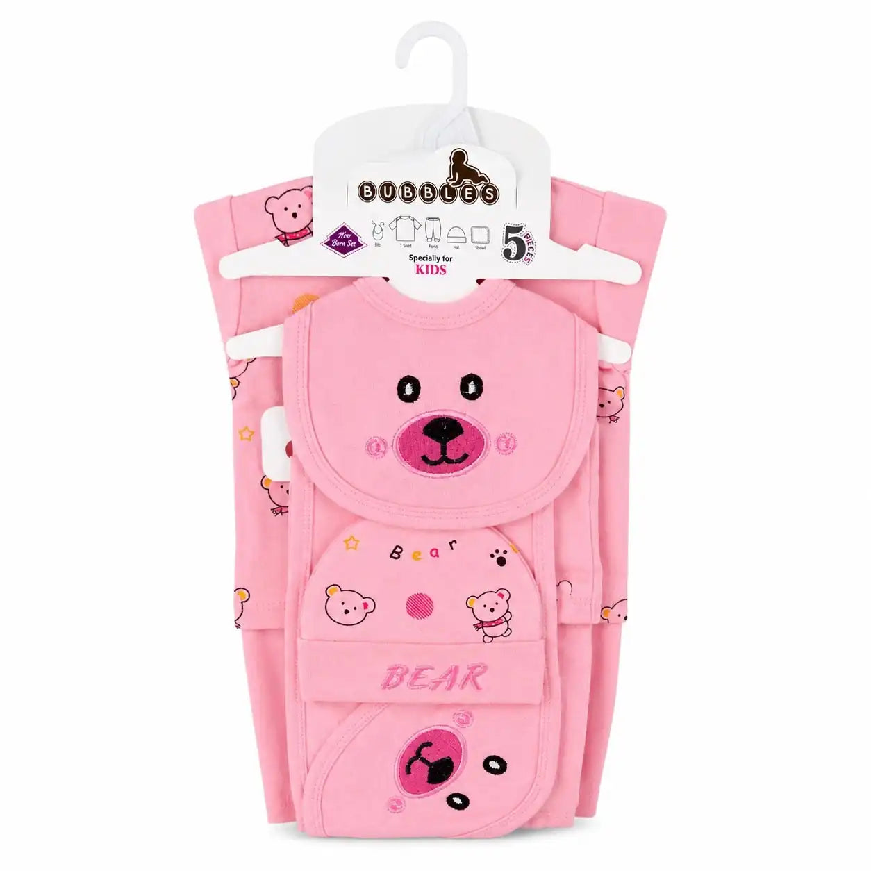 Baby pink 5 Pcs Bear Design baby clothing starter set in soft interlock for 0–3 months
