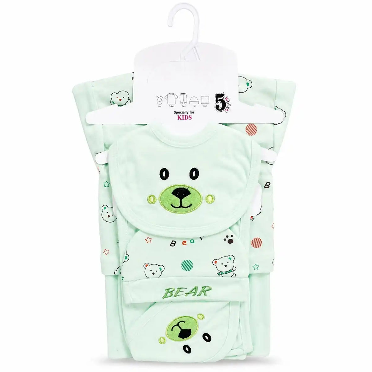 Mint green 5 Pcs Bear Design baby starter set with bib cap shirt pajama and wrapping sheet for 0–3 months
