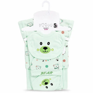 Mint green 5 Pcs Bear Design baby starter set with bib cap shirt pajama and wrapping sheet for 0–3 months