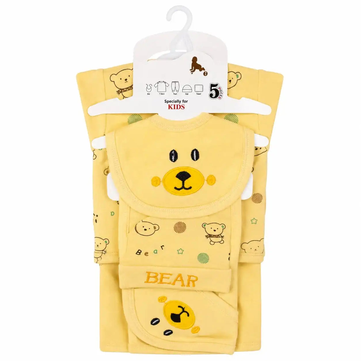 Yellow 5 Pcs Bear Design baby starter set in soft interlock for newborn babies 0–3 months