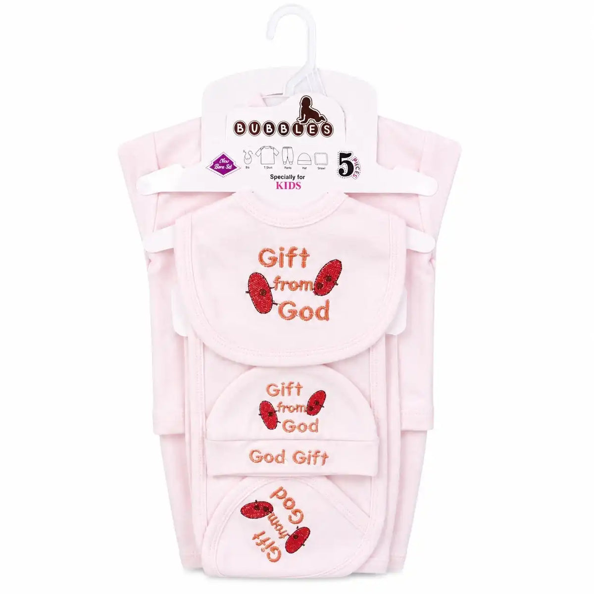 5 Pcs Gift From God newborn baby starter set in baby pink with embroidered design for 0–3 months