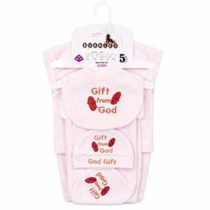 5 Pcs Gift From God newborn baby starter set in baby pink with embroidered design for 0–3 months