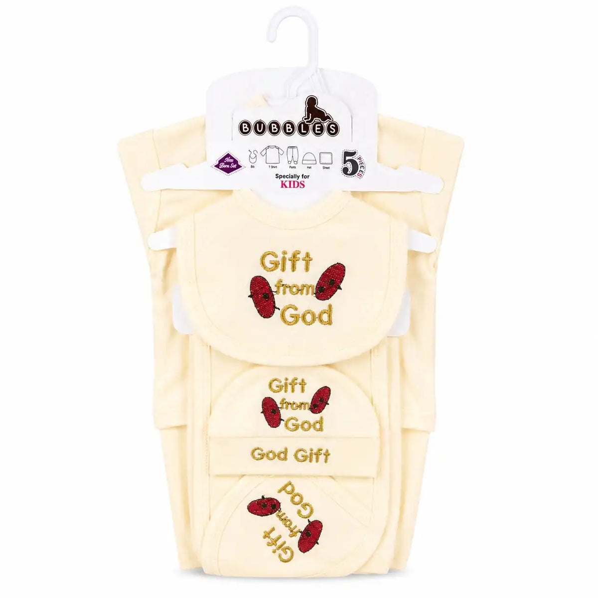 5 Pcs Gift From God newborn baby starter set in cream soft interlock with embroidery for 0–3 months
