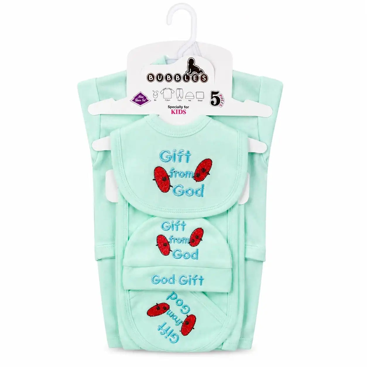5 Pcs Gift From God newborn baby starter set in mint green soft interlock for 0–3 months