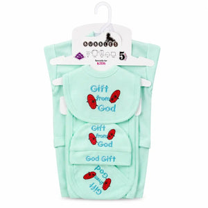 5 Pcs Gift From God newborn baby starter set in mint green soft interlock for 0–3 months