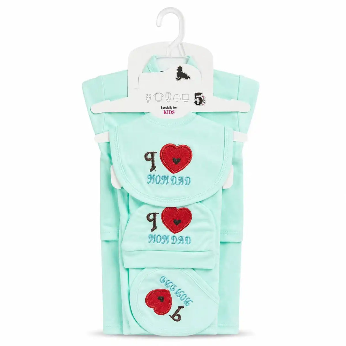 Mint green 5 Pcs I Love Mom Dad newborn baby starter set with shirt pajama cap bib and wrapping sheet