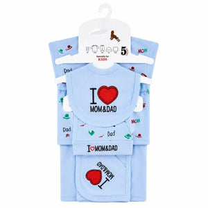 Baby blue 5 Pcs I Love Mom and Dad baby clothing starter set in soft interlock for 0–3 months