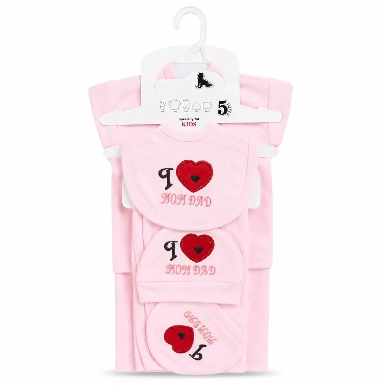 Baby pink 5 Pcs I Love Mom Dad baby starter set in soft interlock for 0–3 months