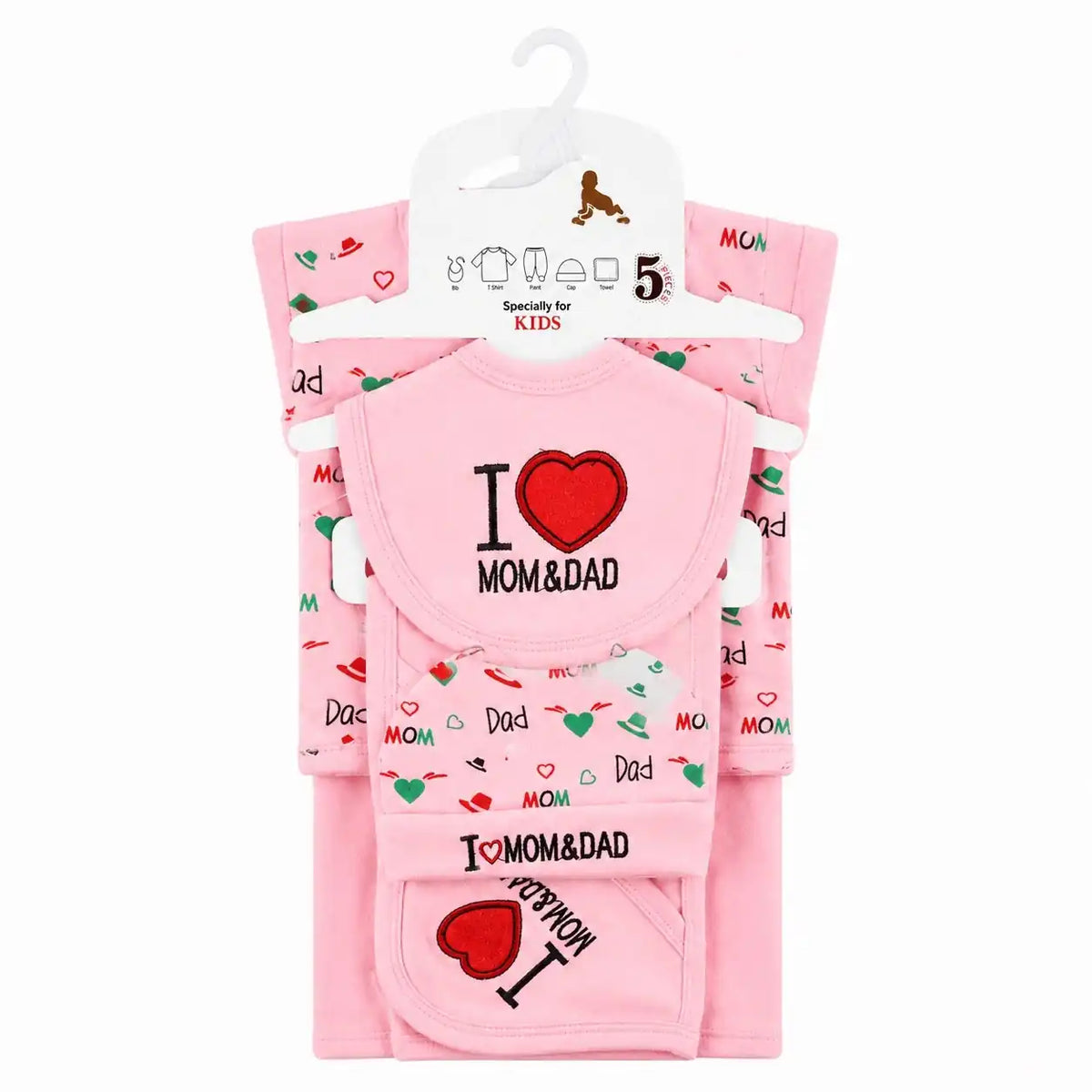 Baby pink 5 Pcs I Love Mom and Dad newborn starter set with embroidered heart design