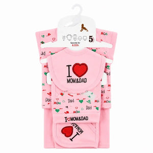 Baby pink 5 Pcs I Love Mom and Dad newborn starter set with embroidered heart design