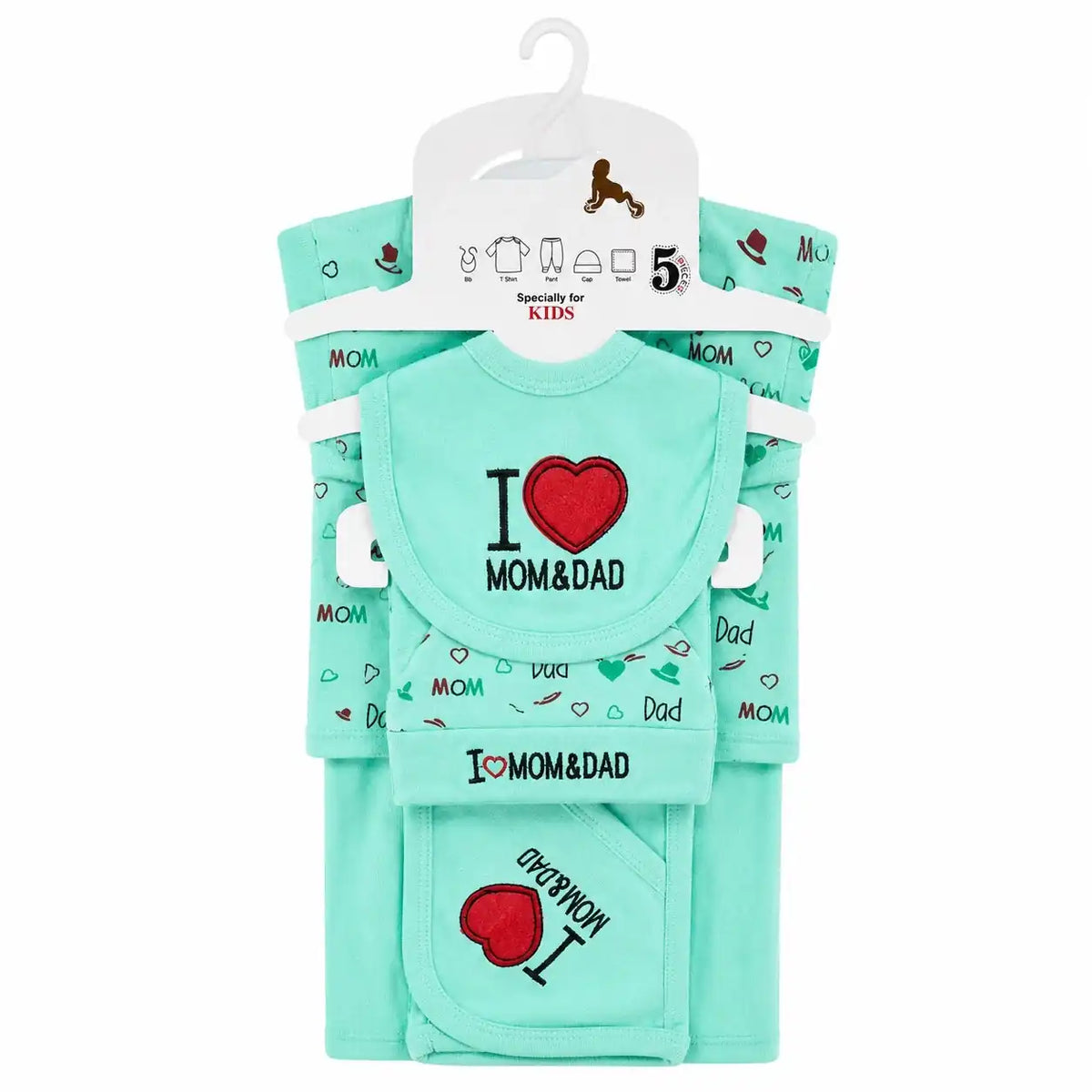 Mint green 5 Pcs I Love Mom and Dad baby starter set in soft interlock for newborn 0–3 months