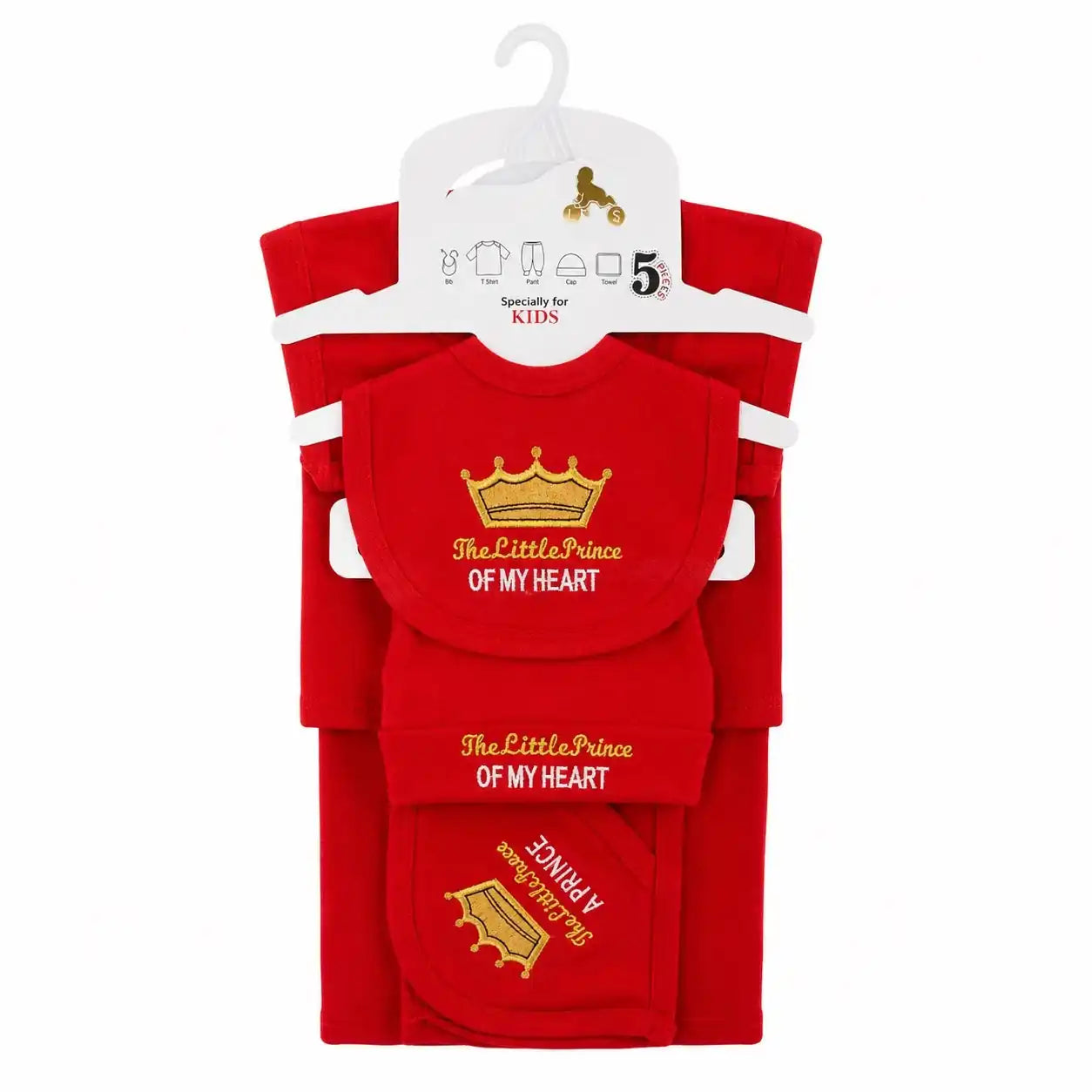 Bright red 5 Pcs Little Prince newborn baby starter set with embroidered crown design