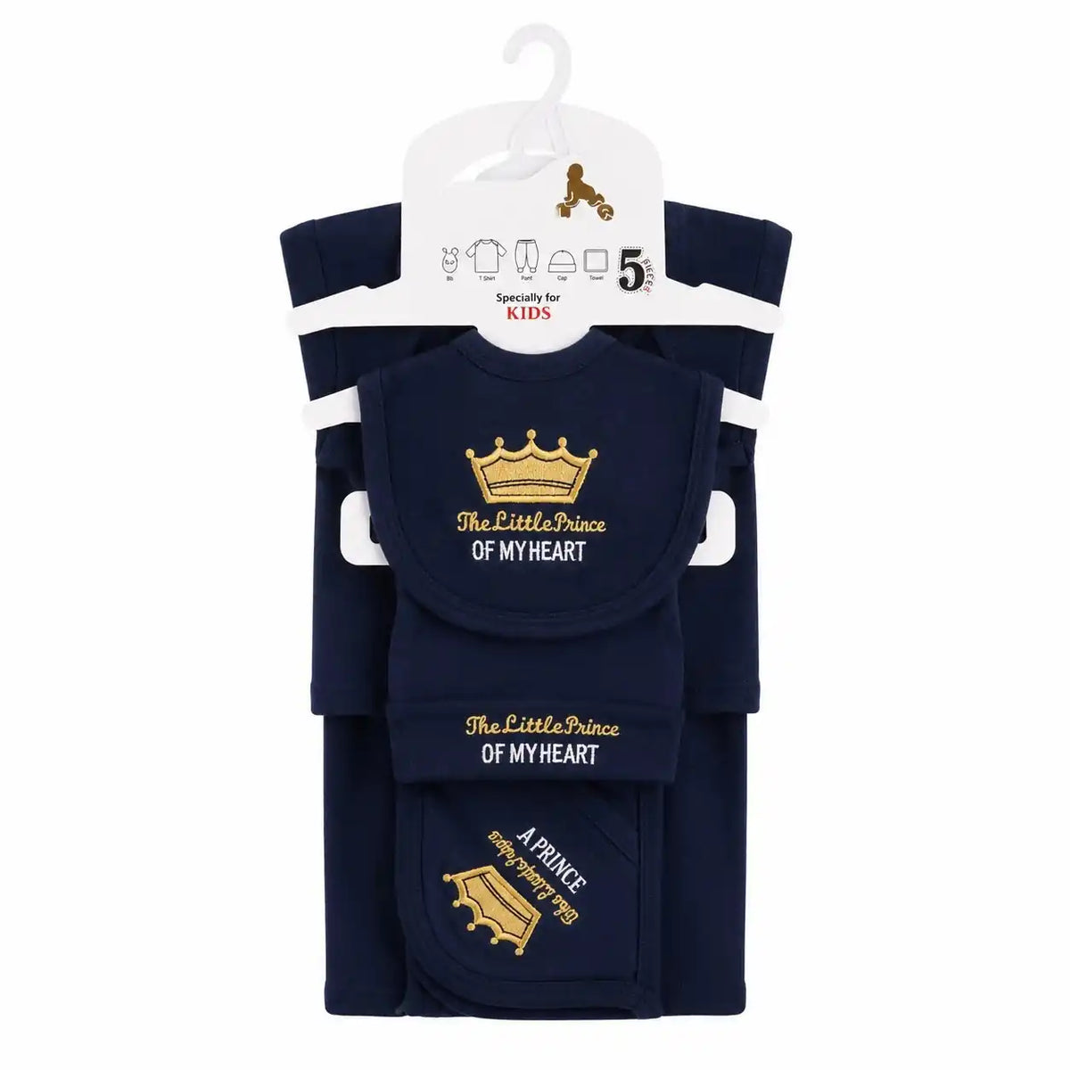 Navy blue 5 Pcs Little Prince of My Heart baby starter set with crown embroidery for 0–3 months