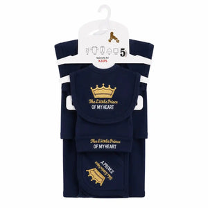 Navy blue 5 Pcs Little Prince of My Heart baby starter set with crown embroidery for 0–3 months